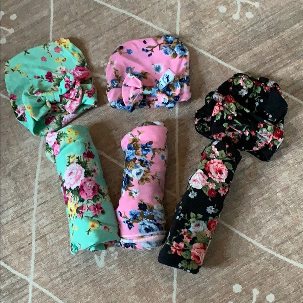 Baby Floral Swaddles and Hat Combos